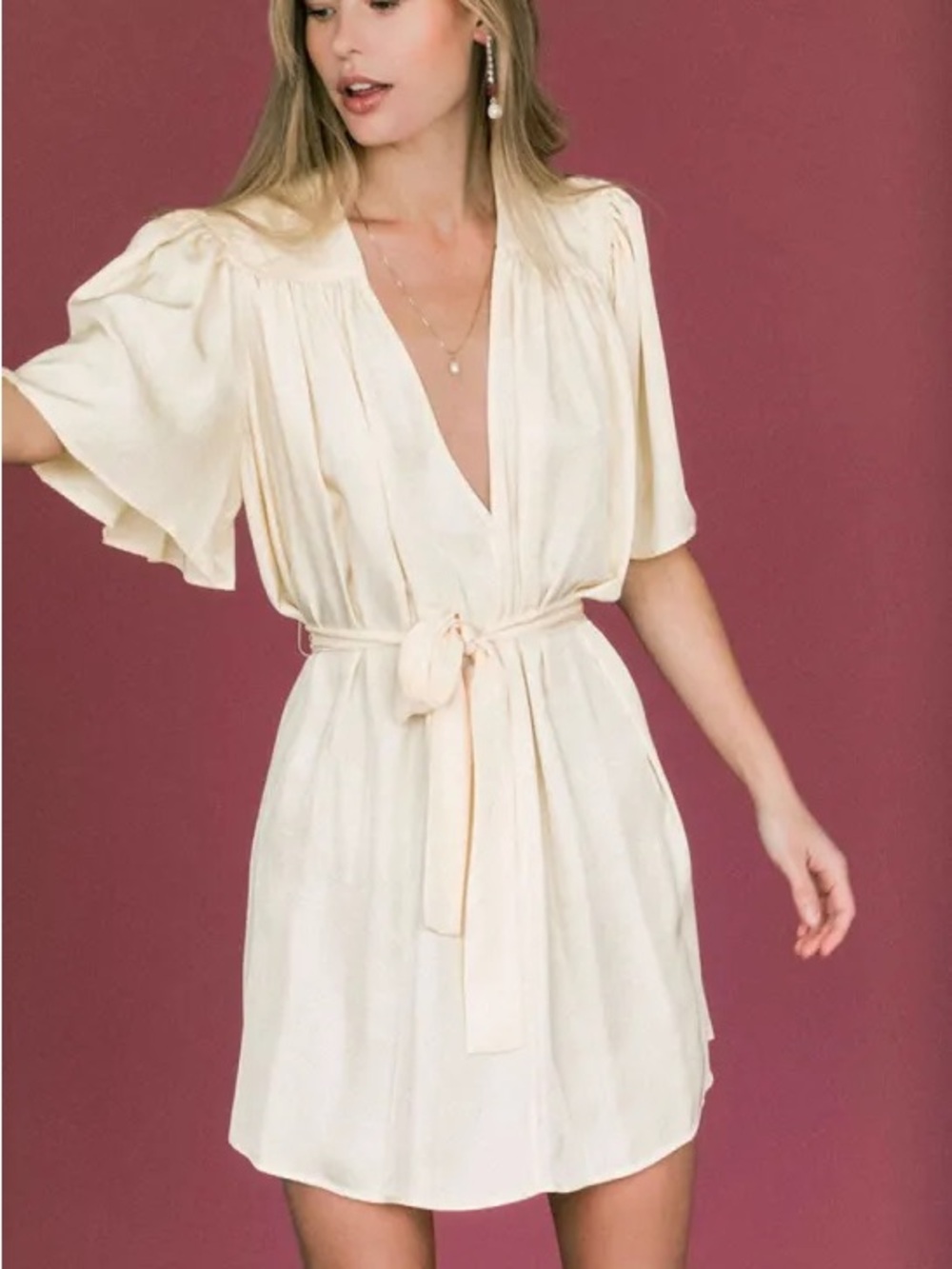 Ciao Lucia Soft Cream Tie-Waist V-Neck Midi Dress